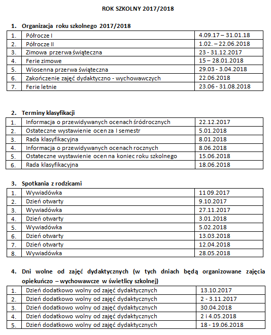 Organizacja roku szkolnego 2017 2018